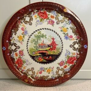 Vintage 70s DAHER Metal Tin 16" Tray Platter Asian Landscape Made In England